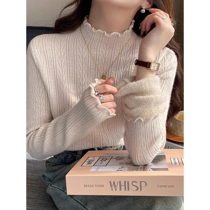 Semi-turtleneck Solid Color Sweater Women's 2025 New Winter Plush Autumn and Winter Integrated Plush Knitted Bottoming Shirt Top