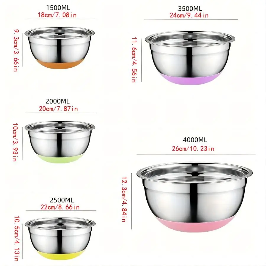 5pcs Mixing Bowls, Stainless Steel with Sealed Lid, Non-Slip Bottom, Size 1.5/2/2.5/3.5/4QT, Perfect for Food Storage 2