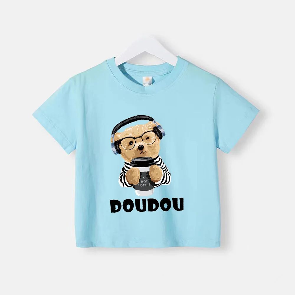 thumbnail image 1 of Camiseta de verano 100 % algodón para adolescentes, camiseta para niños con estampado sencillo de oso de dibujos animados, cuello redondo, cómoda camiseta de manga corta para niños y niñas, 1 of 5