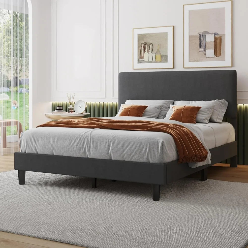 Lifezone Queen Bed Frame with Headboard,Linen Upholstered Bed Frame with Wood Slats Support,No Box Spring Needed,Heavy Duty Feet