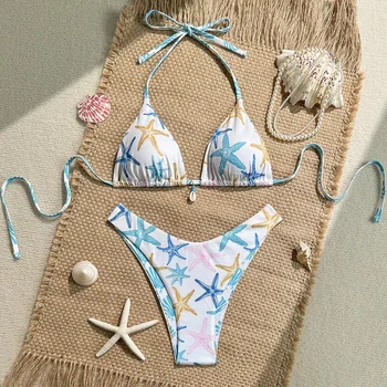 New Sexy Lace Up Neck Starfish Print Set Swimsuit Bikini Low Waist Bikinis Swimwear Beach Swimsuit Swimwear