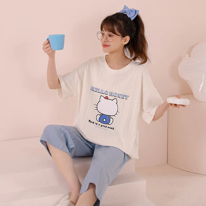 New Arrivals Cotton Short Sleeve Summer Short Sleeved Women Pajamas Set Pyjamas Women Sleepwear Cute Crew Neck Suit homewear