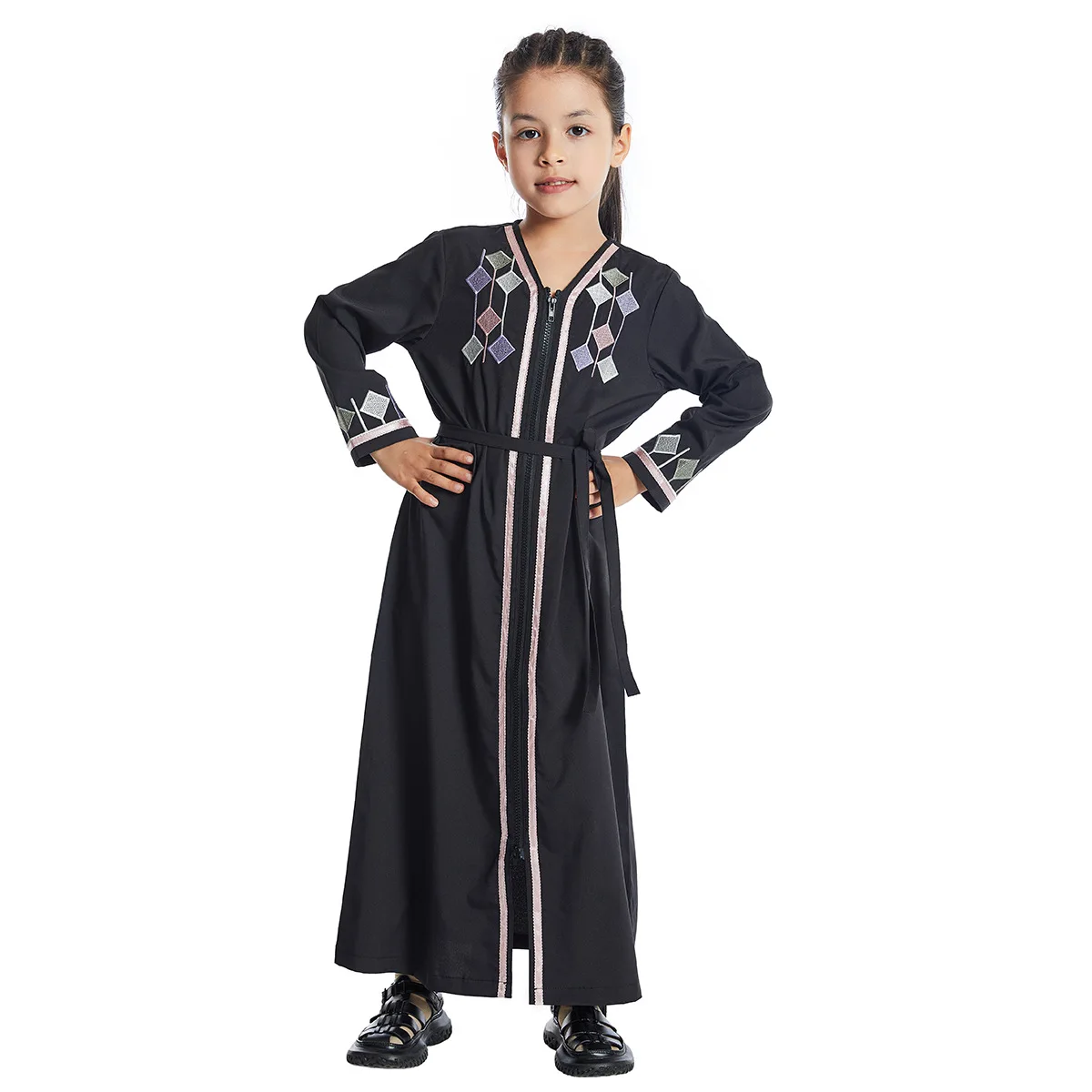 Muslim Islamic Girls Ramadan Embroidery Abaya Dress Children Long Sleeve Kaftan Gown Arab Prayer Robe Turkish Kids Clothing