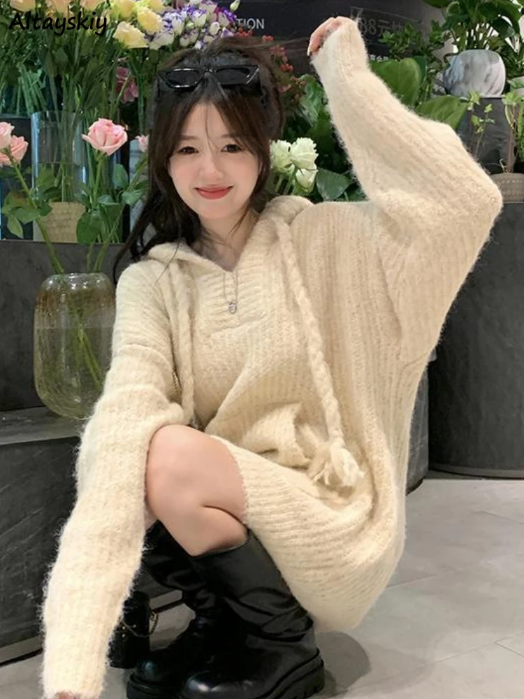 

Pullovers Women Autumn Knitting Fashion Design Baggy Simple Cozy Hooded Warm Personality Retro Korean Style Daily Sweet Students