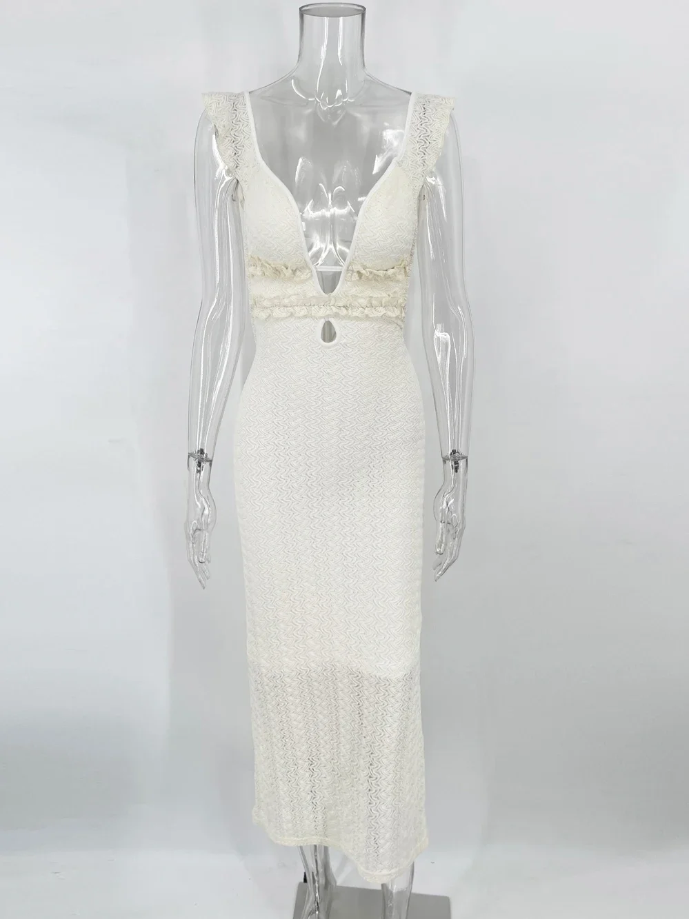 Knit V-Neck Fashion Maxi Dress Women's Slim High Waist See-Through Patchwork Bandage Backless Dress Female Knitwear Dress