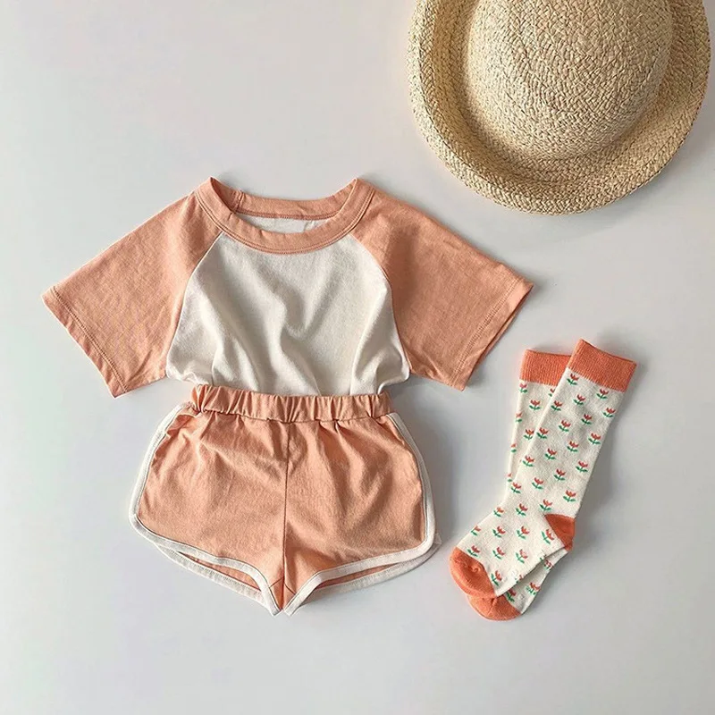 Baby Clothing Set near me Summer children's clothing baby candy color solid color suit boys and girls short sleeved T-shirt shorts casual sports two-piece baby dress and set