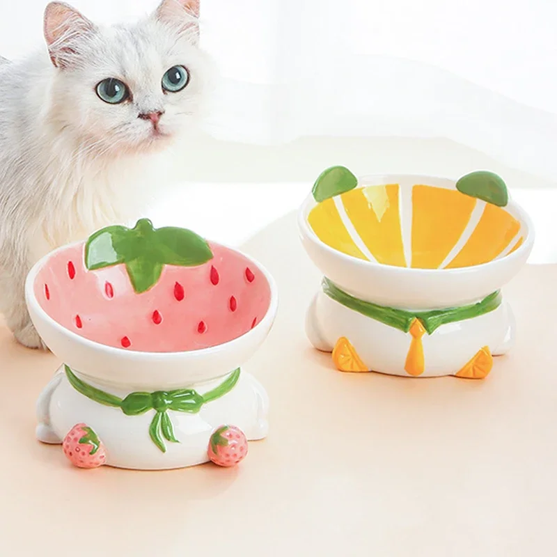 Cat bowl ceramic food basin pet high foot neck protection oblique mouth food water bowl