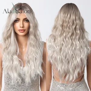 ALAN EATON Long Curly Hair Light Blonde Synthetic Wig Natural Ombre Blonde Wigs with Bangs for Women Daily Heat Resistant Fiber