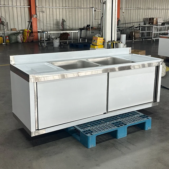 ตู้เก็บของสแตนเลสลดราคาพิเศษ พร้อมอ่างล้างจานสองอ่างและแผ่นกันน้ำกระเด็น พร้อมบานเลื่อน 6