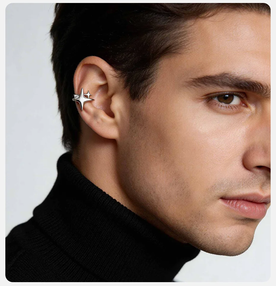 Vnox Zirkon-Stern-Ohrclips ohne Piercing, Kupfermetall, silberfarben, Clip-On-Ohrringe für Männer und Frauen, Ohrknochen-Clip-Schmuck – Detail 3