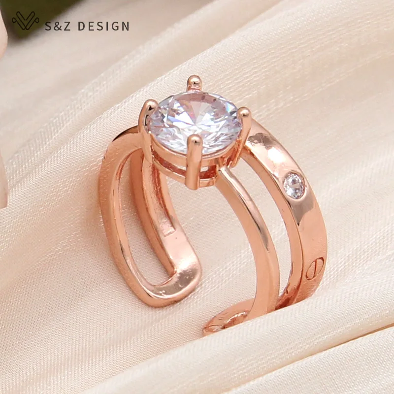 S&Z DESIGN New Fashion Elegant 585 Rose Gold Color Round Cubic Zirconia Adjustable Rings For Women Wedding Jewelry Gift
