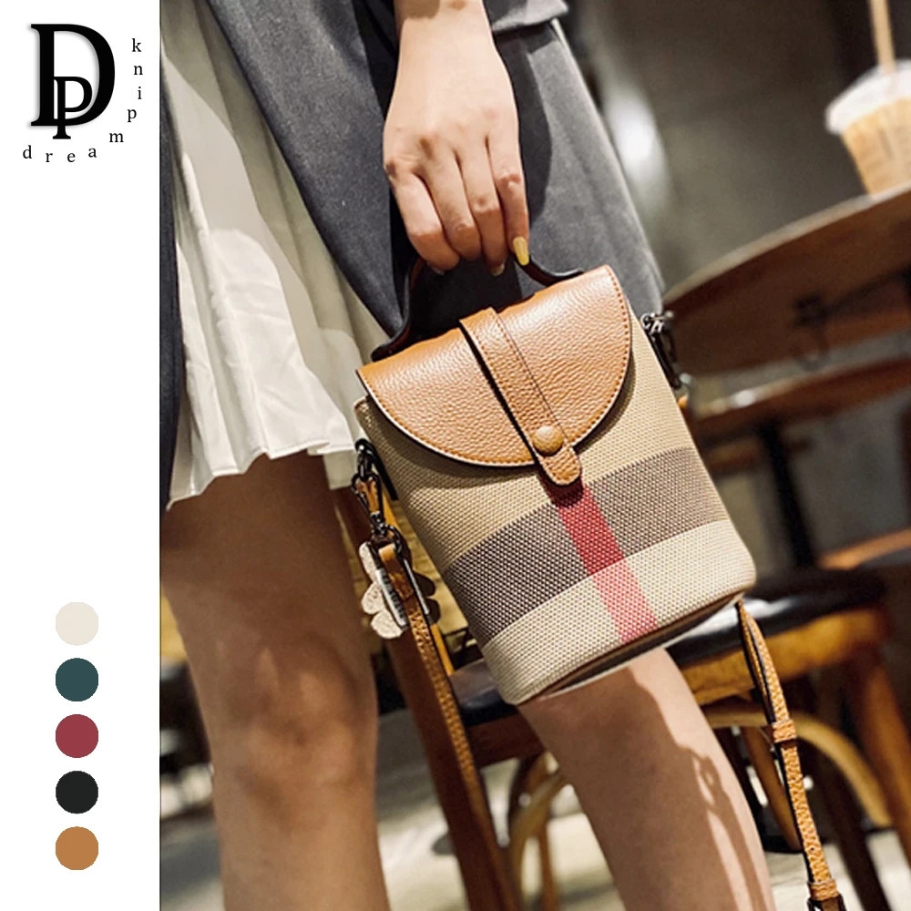 

Retro Stripes Canvas Women Shoulder Bag Genuine Leather Flap Phone Purse Bucket Handbag Check Small Luxury Female Messenger Bag