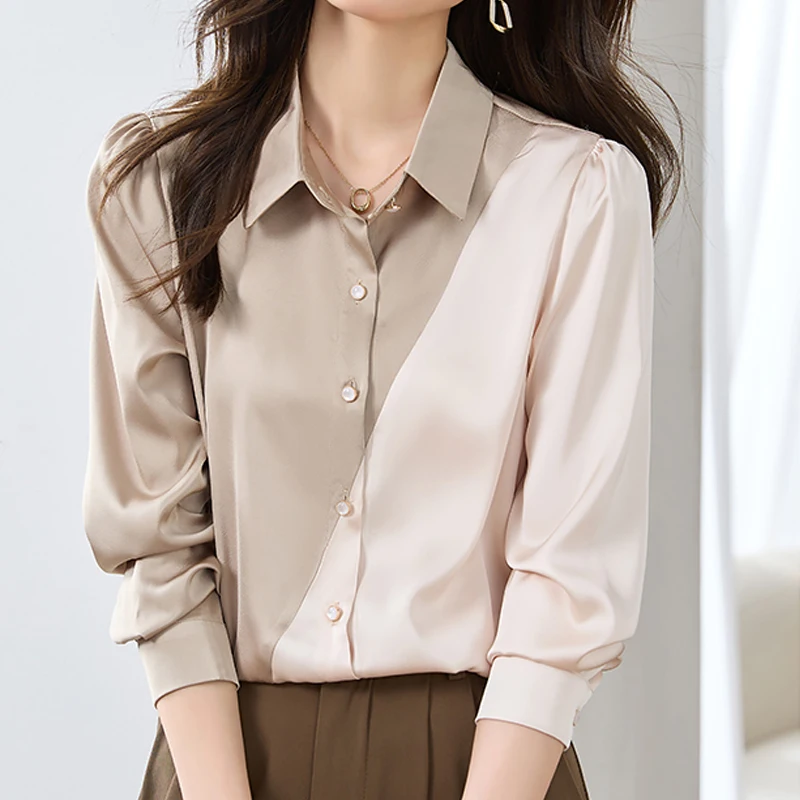 

Vintage Turn Down Collar Satin Shirt Women 2023 Fashion Button Blouse Office Lady Tops Elegant Long Sleeve Patchwork Shirt 29326