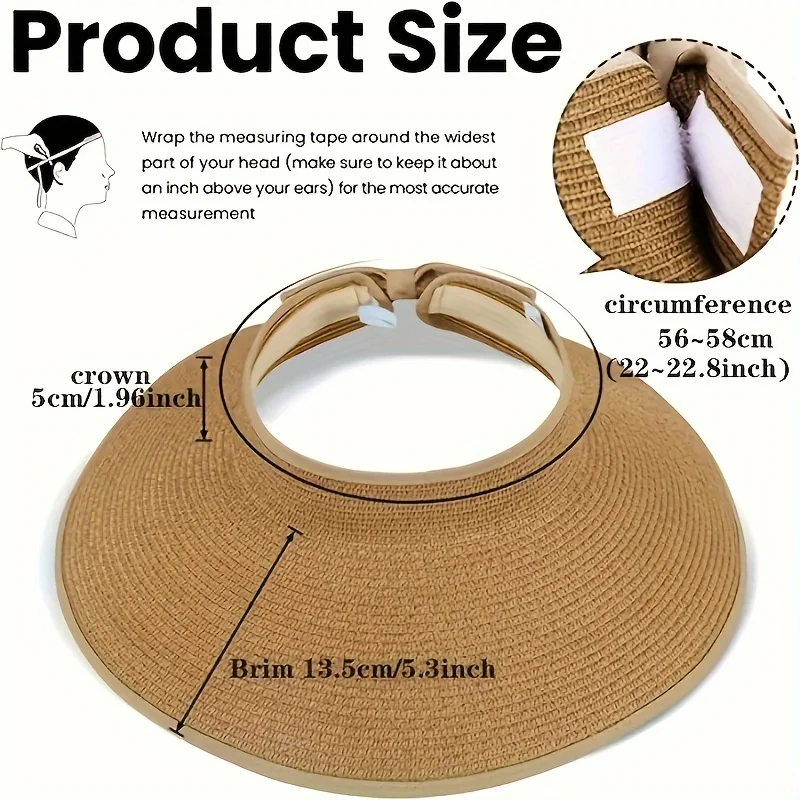 1pc Wide Brim Sunshade Straw Hat Foldable Bow Straw Woven Empty Top Hat Beach Mountaineering Travel Multi-purpose Sunshade Hat