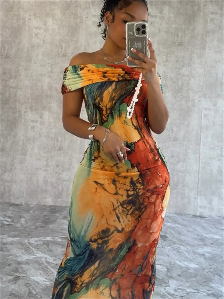 Wmstar Women Dress Fashion Hot Sale Sexy One-shoulder Printed Sleeveless Stretch Vacation Casual Hip Tight Ankle Length Dresses