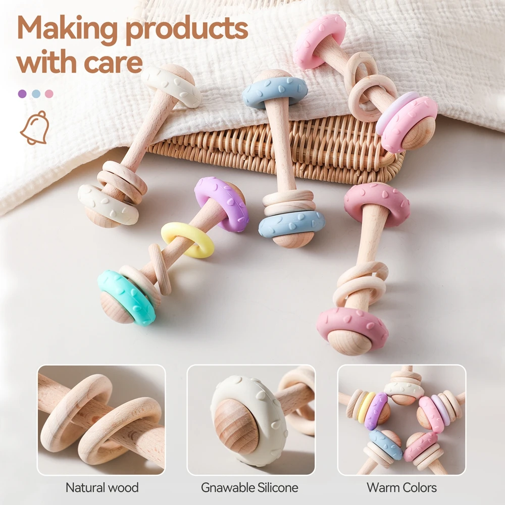 Baby Toys Wooden Rattles Silicone Ring Baby 0 12 Months Toys Rattles Teether Sensory for Wooden Teether for Gifts