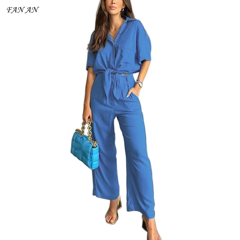 Spring and Summer Women's New Short-sleeved Loose Blouse Cotton Hemp Wide Leg Pants Two-piece Suit  Ladies Suit  Office Commute