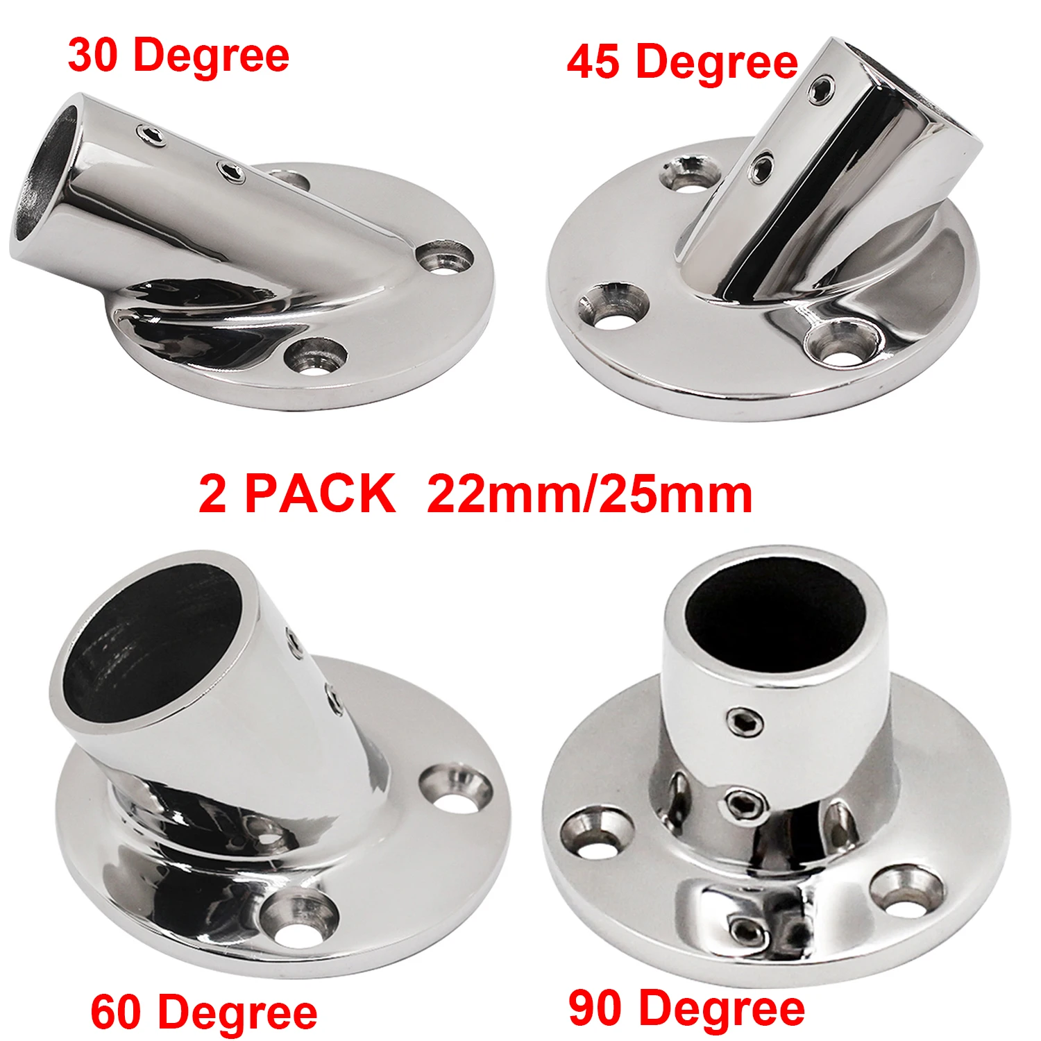 2 PCS 22mm/25mmStainless Steel 316 Boat Handrail Round Pipe Base 30°/45°/60°/90° Marine Hardware Brackets Railing Fitting