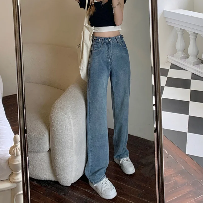 

2022 Spring Women Jean High Street Waist Long Wide Leg Pants Cotton HIgh Quality Korean Design