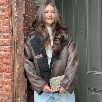 HXAO سترة جلدية فو معطف الشتاء الإناث زر طويلة الأكمام سترة بنية ديمي الموسم فو الصوف معاطف وسترة خلط 2