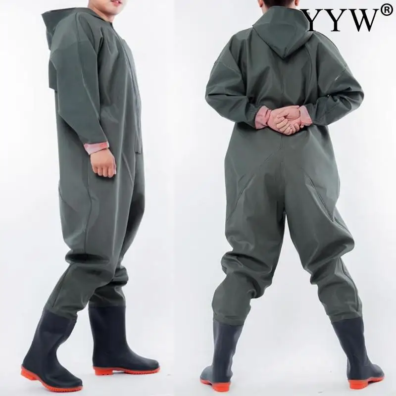 Fishing Hooded Waders Pants With Boots Gloves Adult Set Waterproof