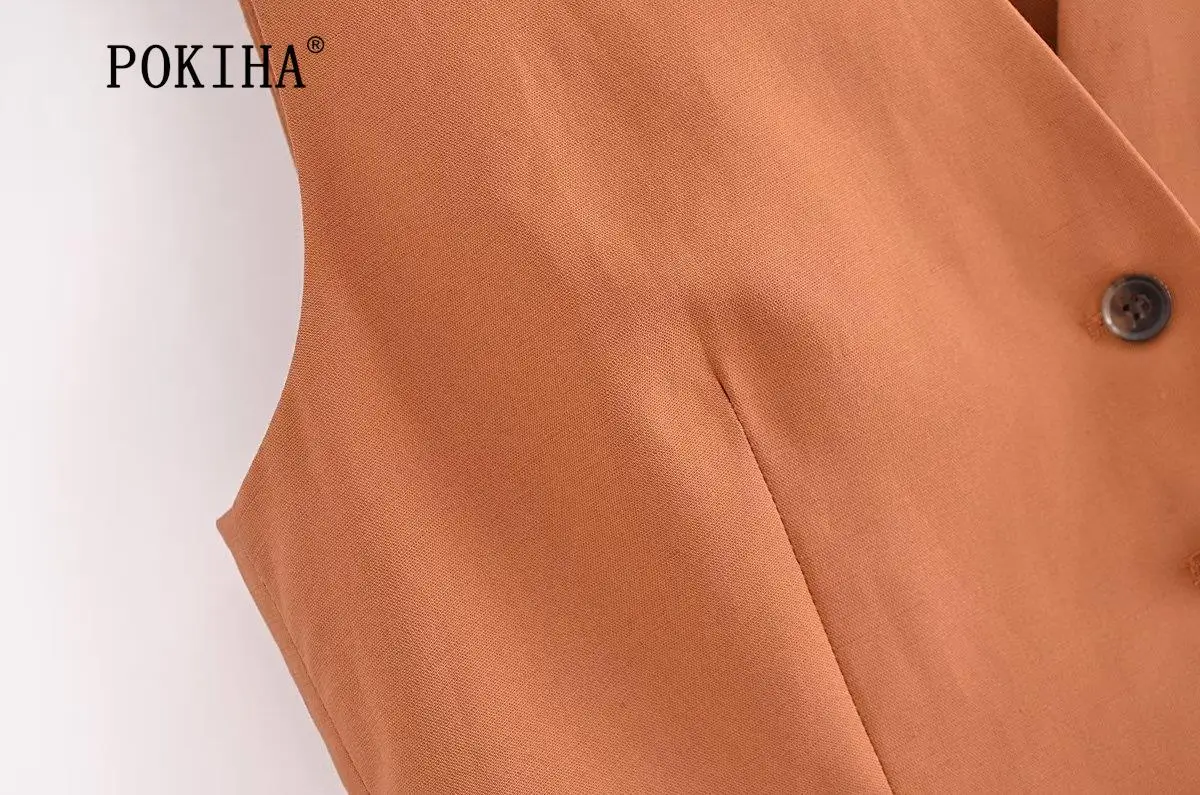 Pokiha Fashion Women Vintage Linen Front Buttons Cropped Waistcoat And Elegant Mid Waisted Midi Dress Female Chic Two_voghion.com