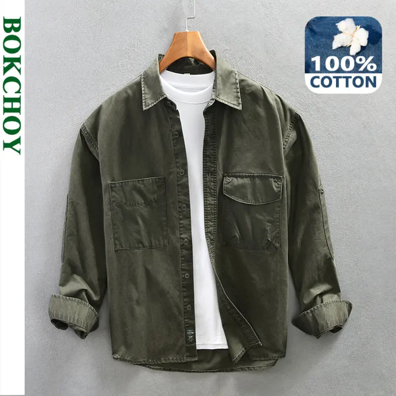 

Spring New Retro Cargo Shirt Men Clothing Fashion 100% Cotton Casual Oversize Big Pockets AZ785