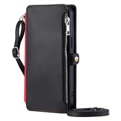 Crossbody Zipper Wallet Case with Multi Card Slots and Leather Lanyard Flip Cover - Redmi Note 11 SE (Black Long Stap)