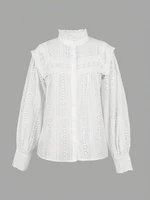 Printemps/été 2026 nouveautés vêtements pour femmes européennes et américaines Style de vacances couleur unie à lacets chemisier brodé 5