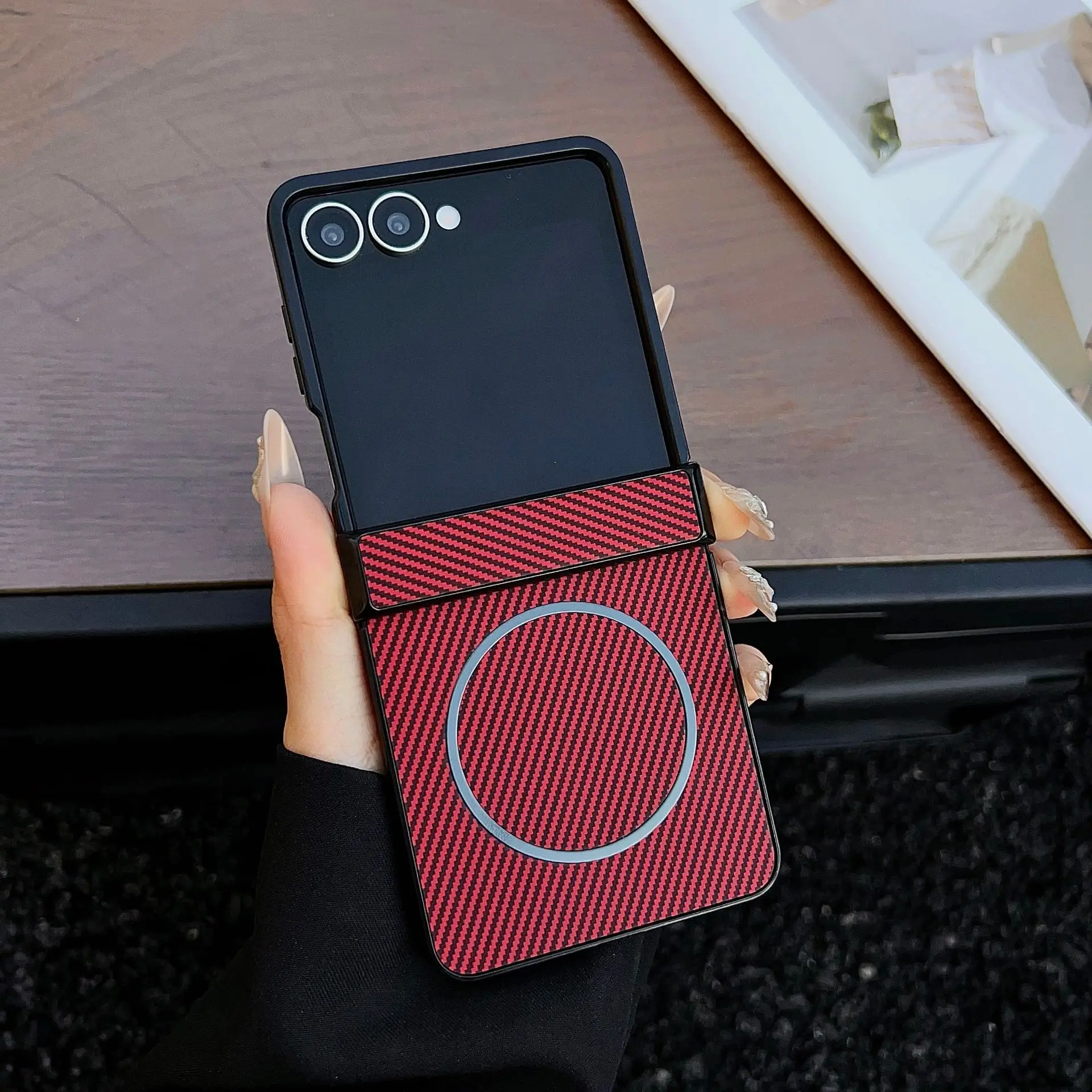 Enhanced Carbon Fiber Texture Magnetic Case - Anti-Shock Slim Wireless Charge with Hinge Protection