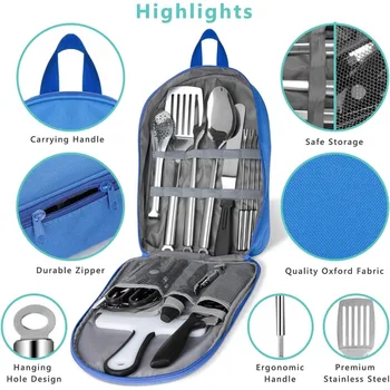 Portable Camping Kitchen Utensil Set, 27-Piece Stainless Steel Outdoor Cooking and Grilling Utensil Organizer 6