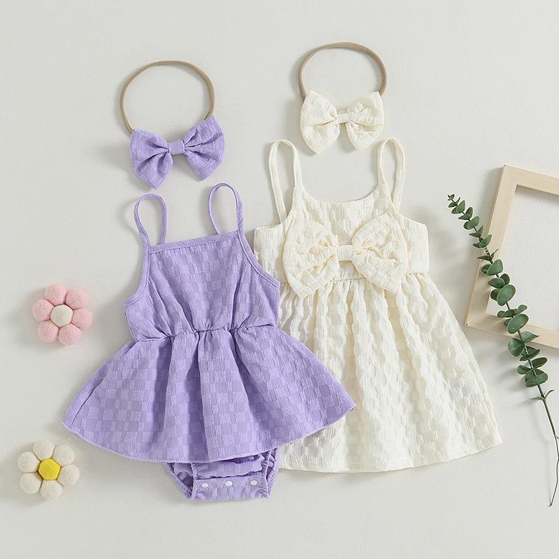 

Lovely Baby Girls Bodysuits Summer Casual Romper Dress Purple Sleeveless Checkerboard Print Infant Rompers with Headband