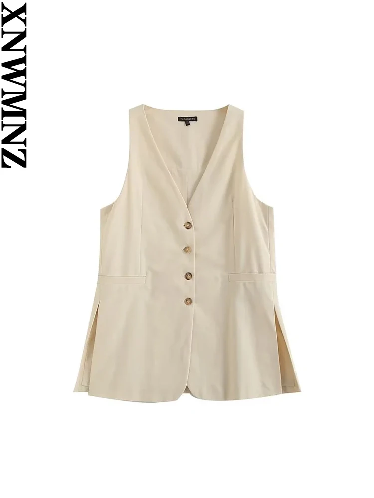 XNWMNZ Women's Fashion 2023 Linen Blend Side Split Waistcoat or High Waist Zipper Pants Office Lady Chic Female Two Piece Set