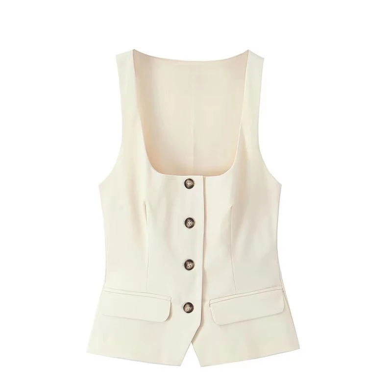 TFMLN Spring Summer Women Sleeveless Suit Vests Chic Square Neck Office Waistcoat Female Solid Color Outwear Single-breasted Top