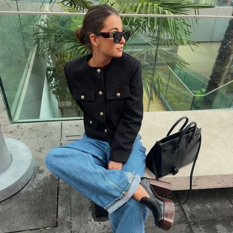 2025 New Woman Jackets Outerwears Long Sleeve Cropped Fashion Jacket for Women Button Short Coats Elegant Women's Coat - 3