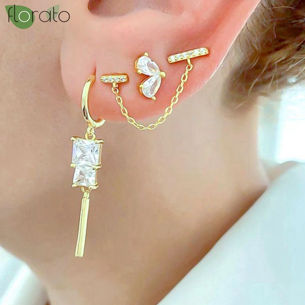 

925 Sterling Silver Needle Colorful Zircon Geometric Pendant Hoop Earrings for Women Sparkling Long Earrings Luxury Jewelry Gift