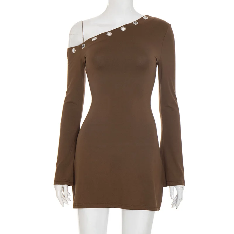 Fashion Girl Diagonal Neck Slim Dress Sexy Hollow Ring Slightly Pulled Long Sleeve Off-the-shoulder Casual A-word Dress Women