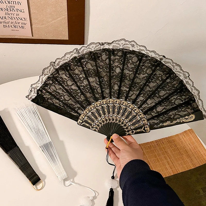 Folding Fan Lace Flower Decor Chinese Style Fan Hand Held Anitque Art Craft Japnese Summer Female Dance Home Party Decoration folding fan hand fan