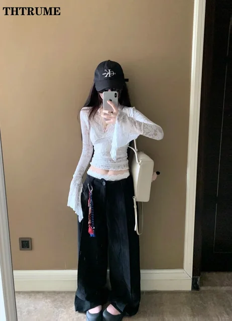 Sexy V-Neck Sheer T-Shirts Fashion Women Flare Long Sleeve Spring Lace Slim Pullovers Tops Casual Evening Party Club Chic Tees 3