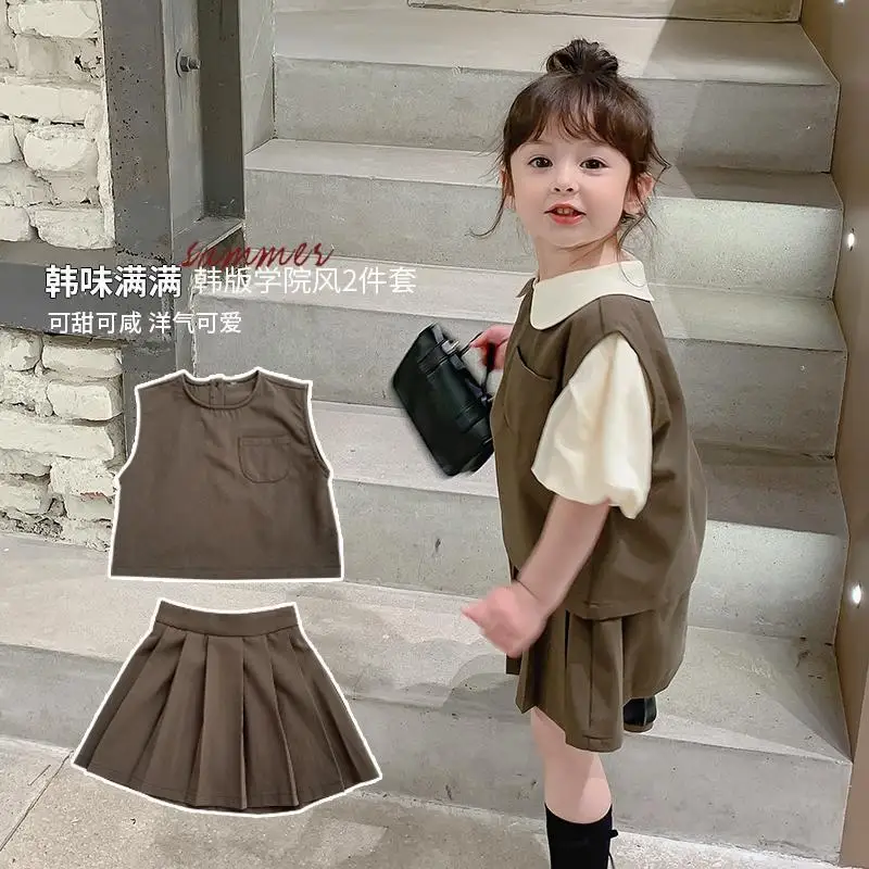 Girls' Summer Suits 2022 New Children Pleated Skirt Suit Puff Sleeves Shirt Three-Piece Set