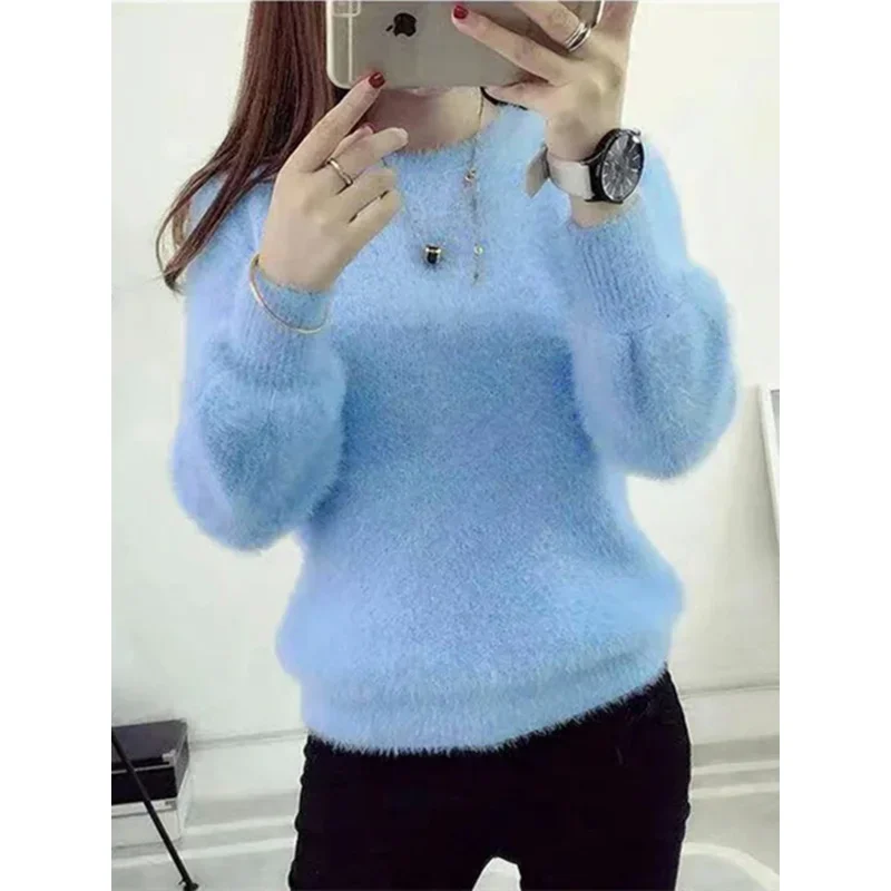 

LKSK Winter Imitate Mink Wool Hot Fleecing Female O-neck Long Puff Sleeve Elastic Casual Sweater Women Knitted Tops Pullovers