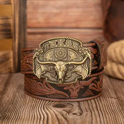 Vibrant Texas Bull Head Embossed Belt with Colorful Buckle Design - 120cm (Brown)