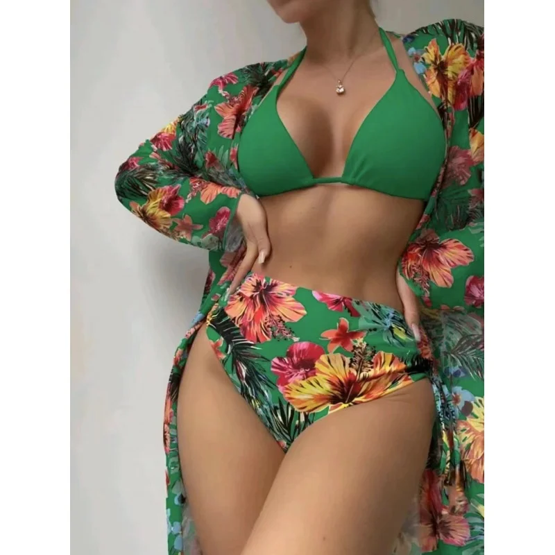 2024New Sexy Bikini Three-Piece Set Printed Mesh Blouse Swimsuit