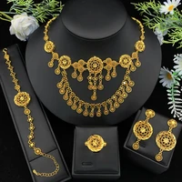 JRH Dubai Gold Plated Necklace Earrings Ring Bracelet Arabian Traditional Vintage Jewelry Women's Set Bridal Wedding Jewelry