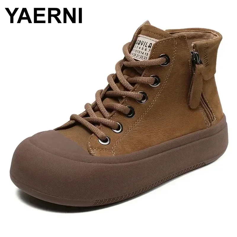 

Retro Genuine Leather Ankle Boots Platform Women Shoes Side Zip Winter Plush Snow Boots Casual Lace Up Lady Short Boots