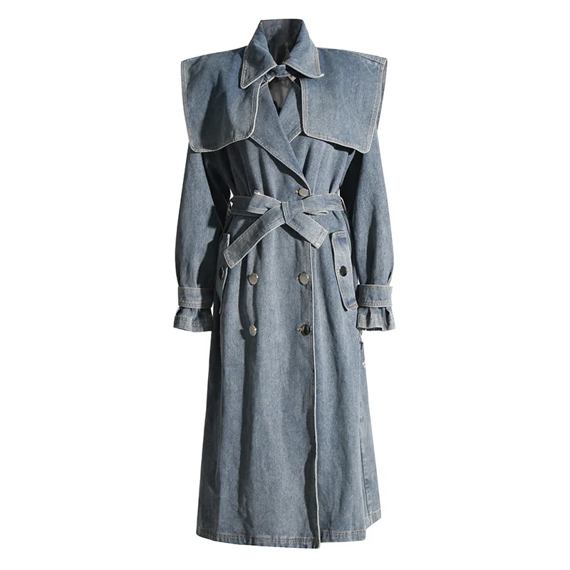Women Blue Denim Big Size Long Trench New Lapel Long Sleeve Loose Fit Windbreaker Fashion Tide Spring Autumn 2023