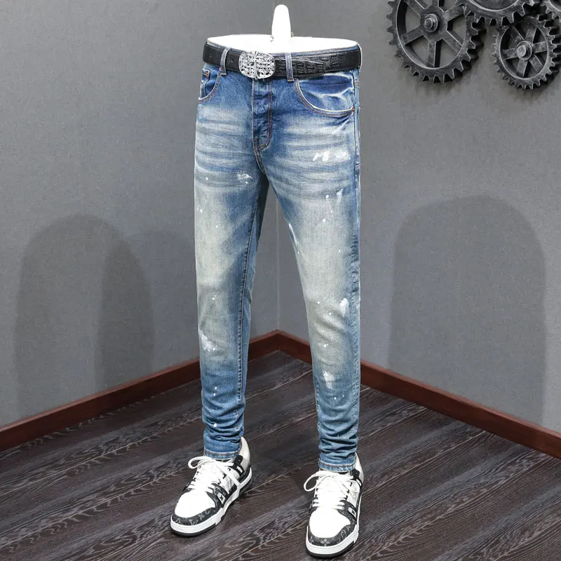 High Street Fashion Men Jeans Retro Blue Stretch Skinny Fit Ripped Jeans Men Painted Designer Elastic Hip Hop Brand Pants Hombre