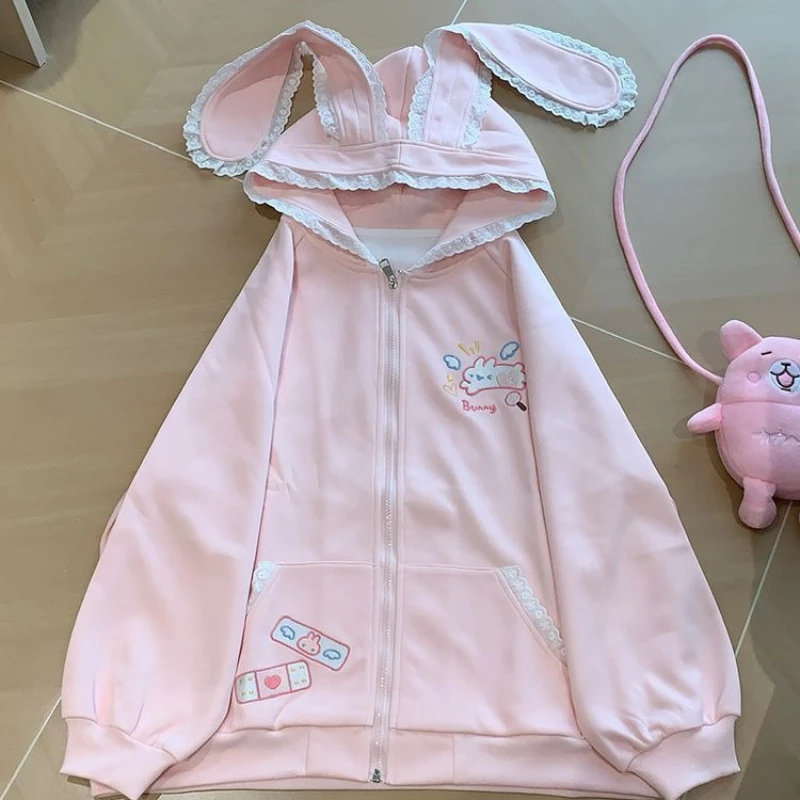 일본 만화 토끼 프린트 캐주얼 카와이 후드티 Y2K 감성 레이스 토끼 귀 여성 후디 하라주쿠 가을 지퍼 스웨트셔츠 이미지 3