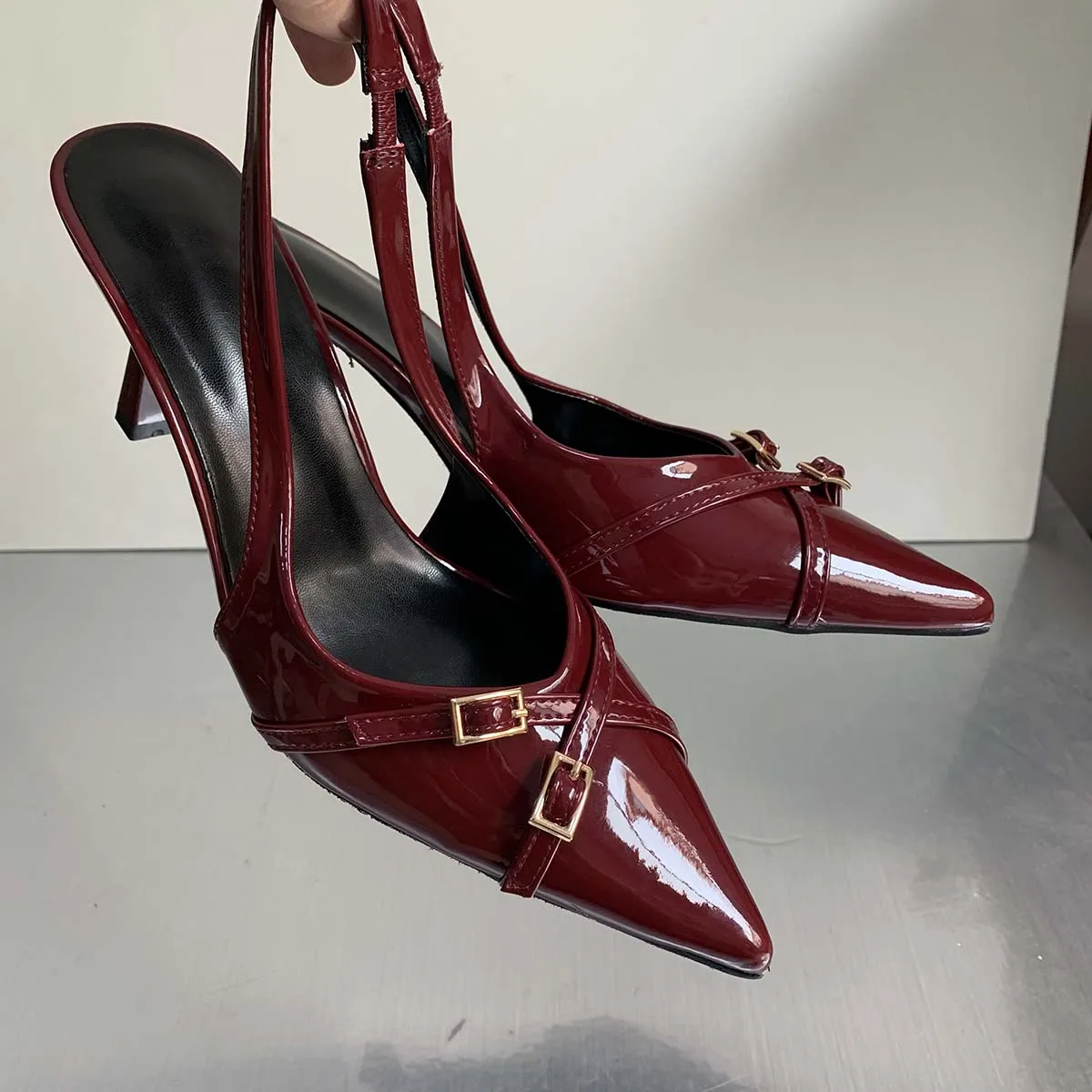 Wine Red Female Sandals Fashion Heels Footwear Women Pumps Slingbacks Shoes For Pointed Toe Buckle Strap Ladies Heels Shoe