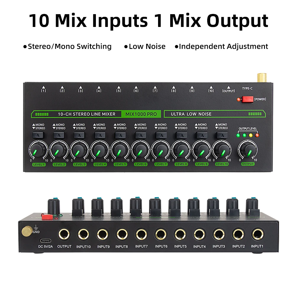 10Channel Audio Mixer Low Noise Stereo Mono Line Mixer 6.35mm TRS/TS Input Type-C Audio Processor for Guitar Bass Keyboard Stage